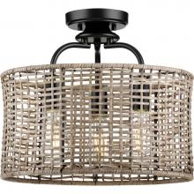 Progress Lighting P350183-031 - Lavelle Collection Three-Light Matte Black and Mocha finish Rattan Convertible Semi-Flush Ceiling