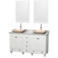 Wyndham Collection WCV800060DWHCMGS2M24 - 60 inch Double Bathroom Vanity in White, White Carrara Marble Countertop, Avalon Ivory Marble Sink