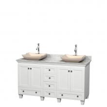 Wyndham Collection WCV800060DWHCMGS2MXX - 60 inch Double Bathroom Vanity in White, White Carrara Marble Countertop, Avalon Ivory Marble Sink