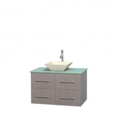 Wyndham Collection WCVW00936SGOGGD2BMXX - 36 inch Single Bathroom Vanity in Gray Oak, Green Glass Countertop, Pyra Bone Porcelain Sink, and