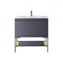 James Martin Vanities 801V35.4MGGRGDGW - Milan 35.4'' Single Vanity Cabinet, Modern Grey Glossy, Radiant Gold w/Glossy White Comp