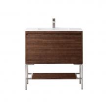 James Martin Vanities 801V35.4WLTBNKGW - Milan 35.4'' Single Vanity Cabinet, Mid Century Walnut, Brushed Nickel w/Glossy White Co