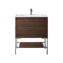 James Martin Vanities 801V31.5WLTBNKGW - Milan 31.5'' Single Vanity Cabinet, Mid Century Walnut, Brushed Nickel w/Glossy White Co