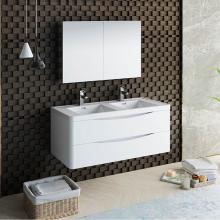 Fresca Bath FVN9048WH-D - Fresca Tuscany 48'' Glossy White Wall Hung Double Sink Modern Bathroom Vanity w/ Medicin