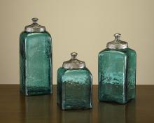 J. Richard JRA-8045S3 - SET OF 3 AQUA GLS CANISTERS W/METAL LIDS