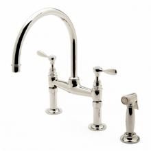 Waterworks 07-24275-43565 - Easton Vintage Two Hole Bridge Gooseneck Kitchen Faucet, Metal Lever Handles and Spray in Unlacque