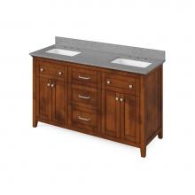 Jeffrey Alexander VKITCHA60CHSGR - 60'' Chocolate Chatham Vanity, double bowl, Steel Grey Cultured Marble Vanity Top, two u