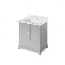 Jeffrey Alexander VKITADD30GRCQR - 30'' Grey Addington Vanity, Calacatta Vienna Quartz Vanity Top, undermount rectangle bow