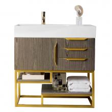 James Martin Furniture 388-V36-AGR-RG-GW - Columbia 36'' Single Vanity, Ash Gray, Radiant Gold w/ Glossy White Composite Top